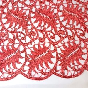 Heavy Coral with Gold Fleck Scalloped Lace Leaf Fabric.